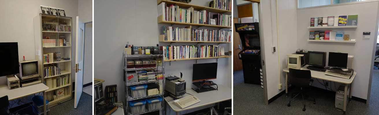 Three shots of the two main rooms of the MIT Trope Tank, with Commodore 64s, an Atari VCS, an Asteroids Machine, several Macs and a NeXTCube, and lots of books, software, and manuals.